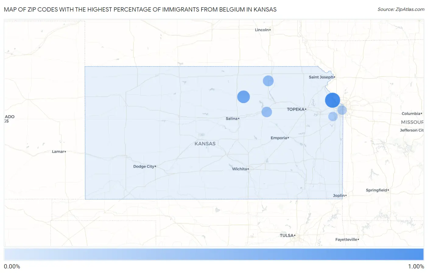Zip Codes with the Highest Percentage of Immigrants from Belgium in Kansas Map