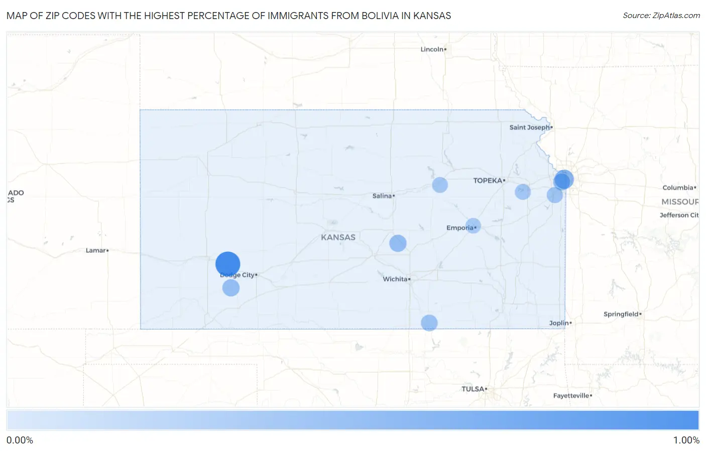 Zip Codes with the Highest Percentage of Immigrants from Bolivia in Kansas Map