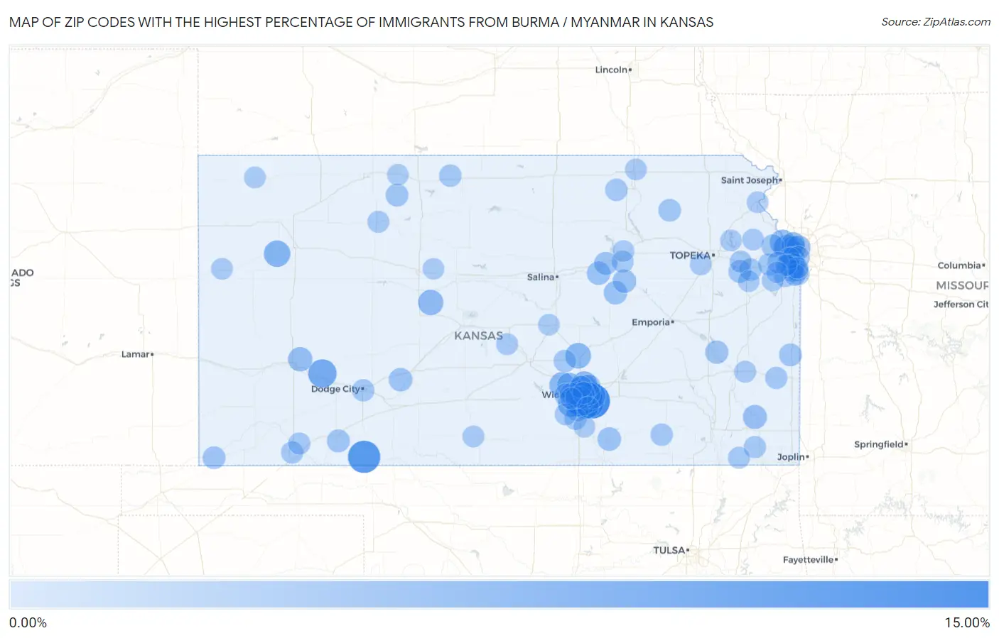 Zip Codes with the Highest Percentage of Immigrants from Burma / Myanmar in Kansas Map