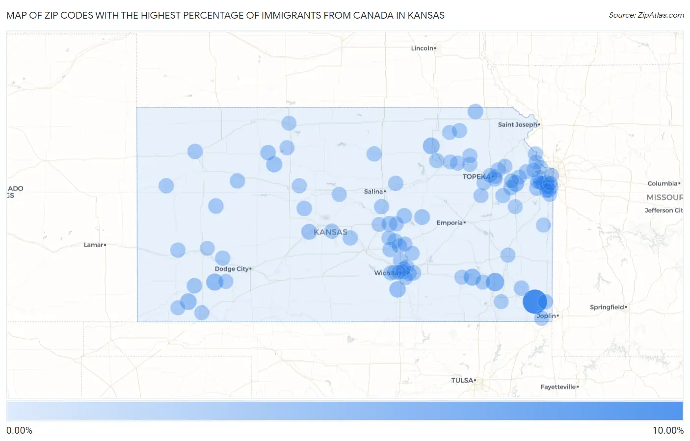 Zip Codes with the Highest Percentage of Immigrants from Canada in Kansas Map