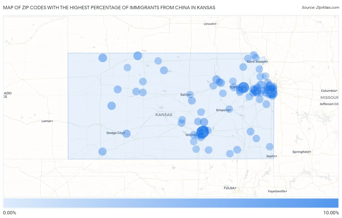 Zip Codes with the Highest Percentage of Immigrants from China in Kansas Map