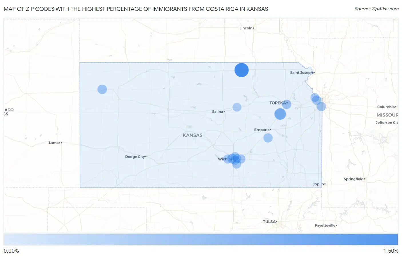 Zip Codes with the Highest Percentage of Immigrants from Costa Rica in Kansas Map