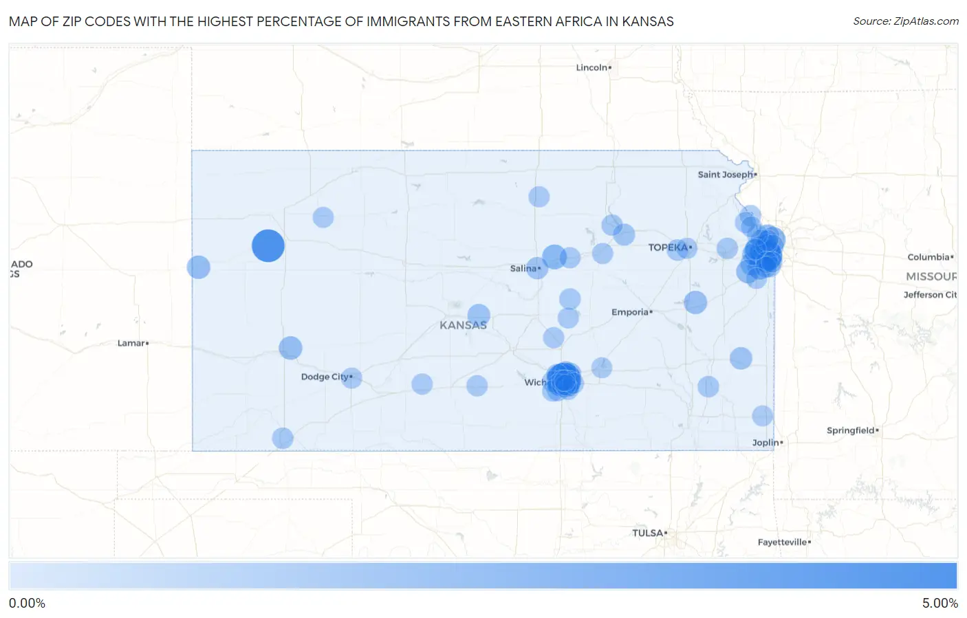 Zip Codes with the Highest Percentage of Immigrants from Eastern Africa in Kansas Map