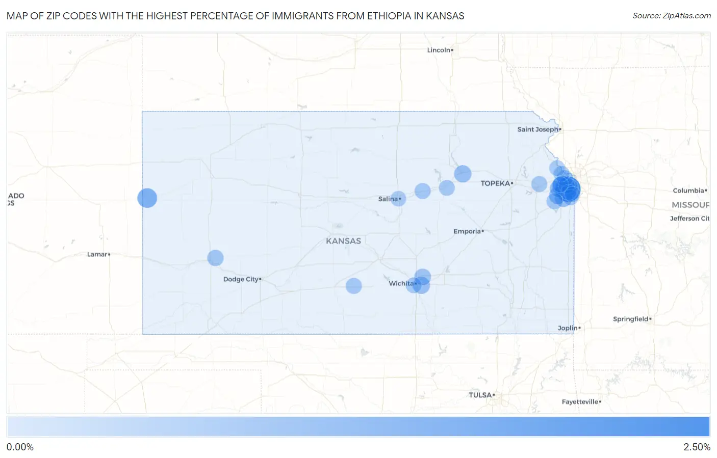 Zip Codes with the Highest Percentage of Immigrants from Ethiopia in Kansas Map