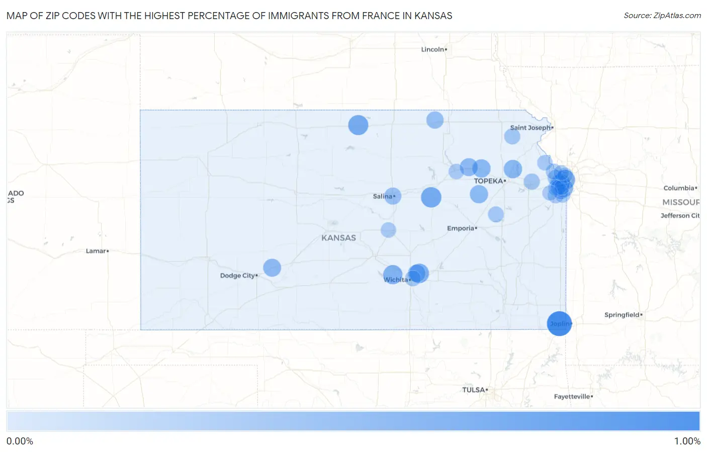 Zip Codes with the Highest Percentage of Immigrants from France in Kansas Map