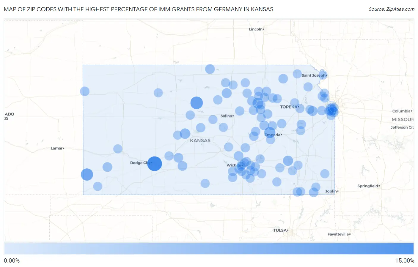 Zip Codes with the Highest Percentage of Immigrants from Germany in Kansas Map