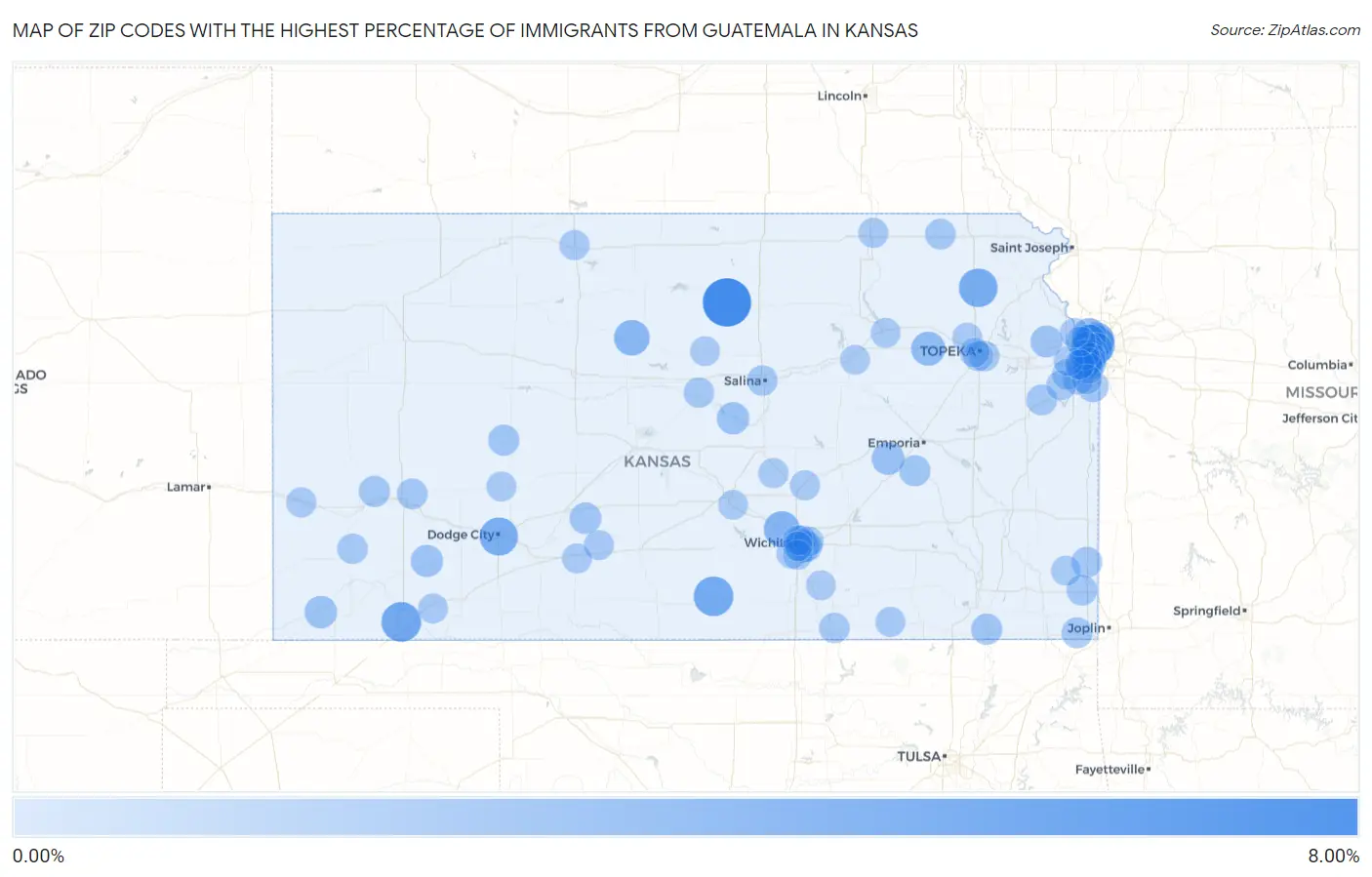 Zip Codes with the Highest Percentage of Immigrants from Guatemala in Kansas Map