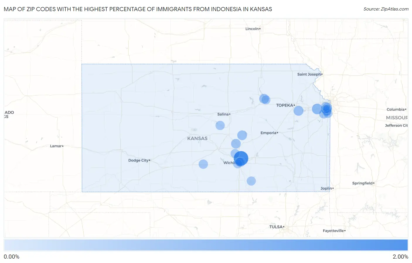 Zip Codes with the Highest Percentage of Immigrants from Indonesia in Kansas Map