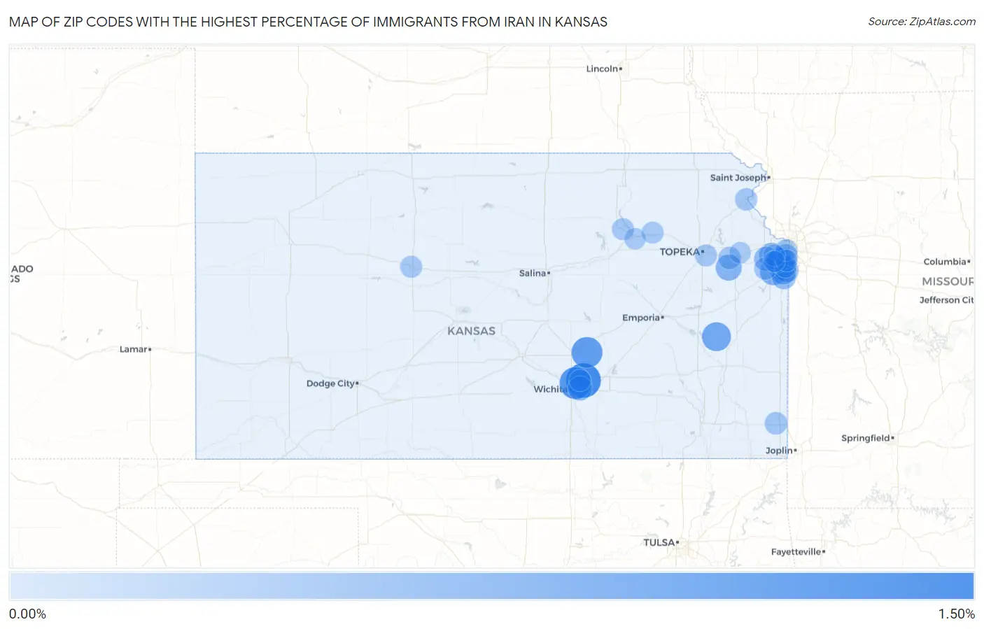 Zip Codes with the Highest Percentage of Immigrants from Iran in Kansas Map