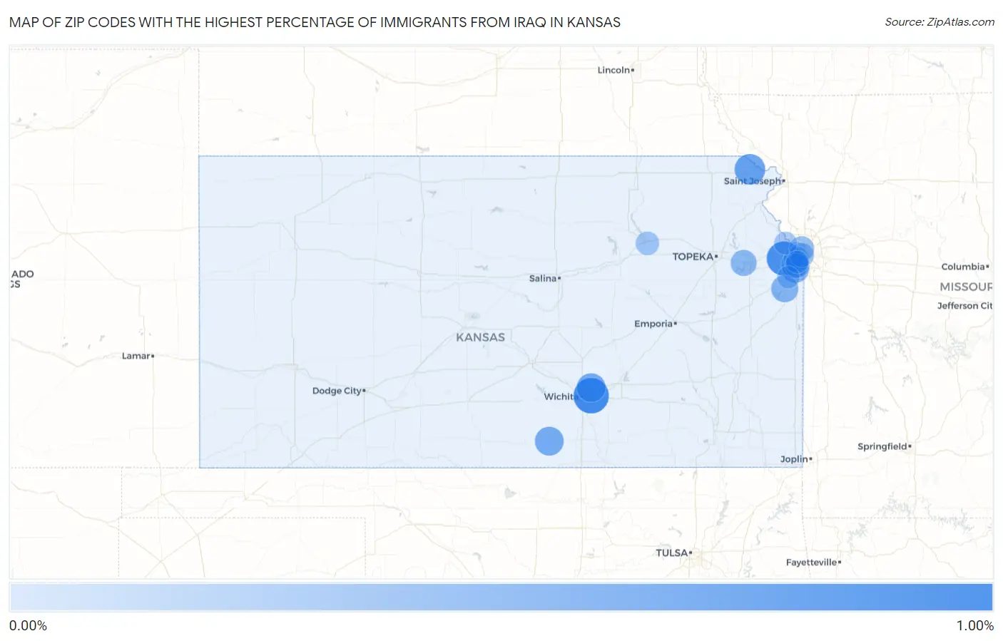 Zip Codes with the Highest Percentage of Immigrants from Iraq in Kansas Map