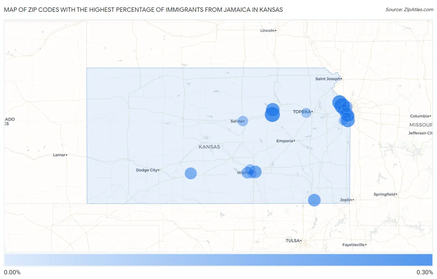 Zip Codes with the Highest Percentage of Immigrants from Jamaica in Kansas Map