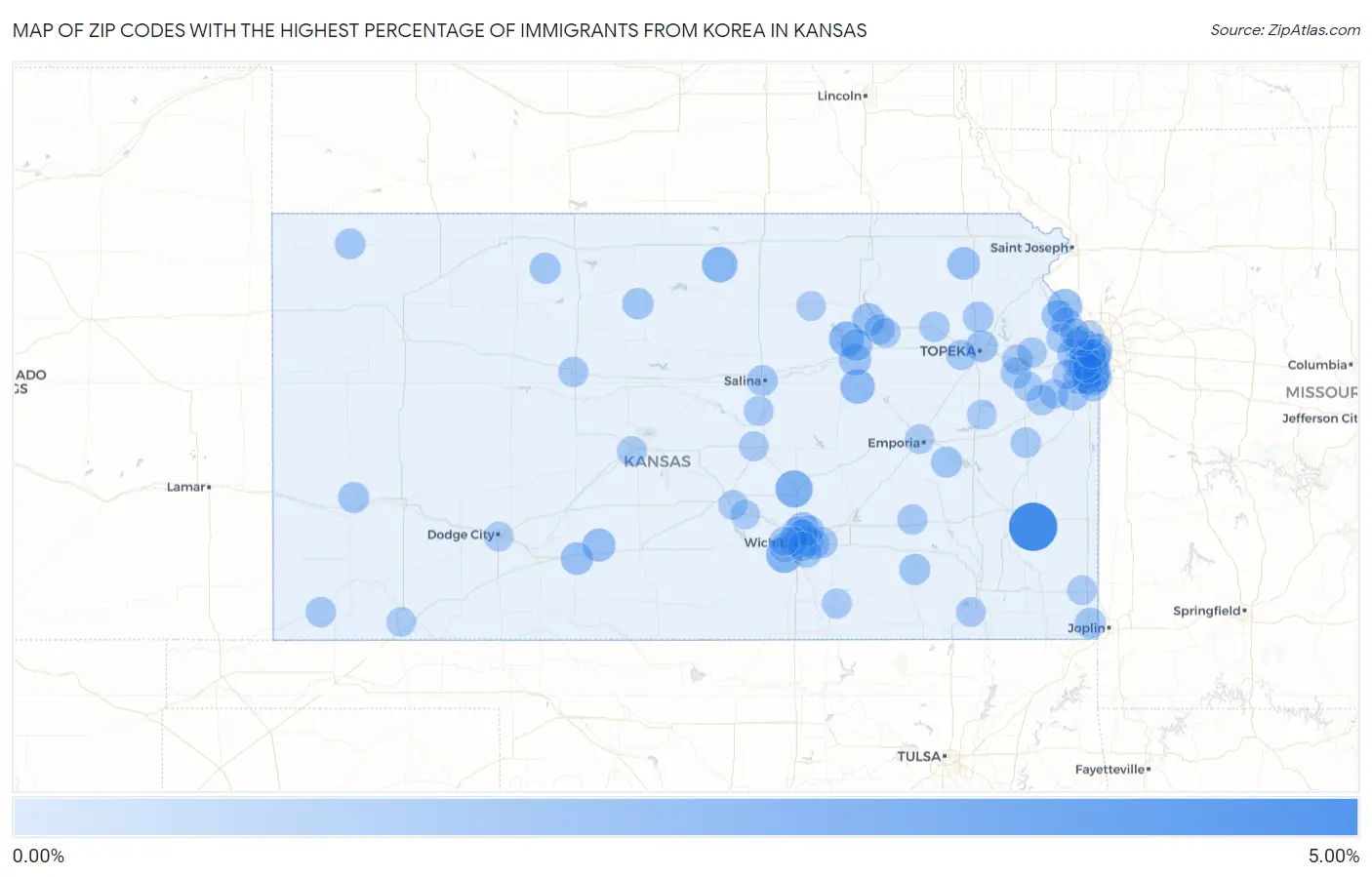 Zip Codes with the Highest Percentage of Immigrants from Korea in Kansas Map