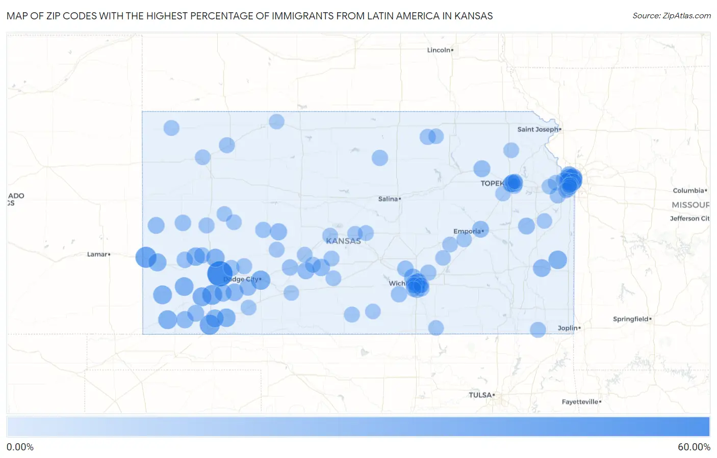 Zip Codes with the Highest Percentage of Immigrants from Latin America in Kansas Map