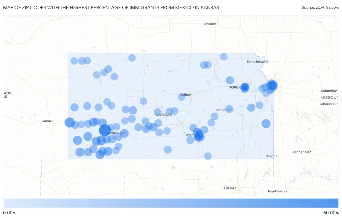Zip Codes with the Highest Percentage of Immigrants from Mexico in Kansas Map