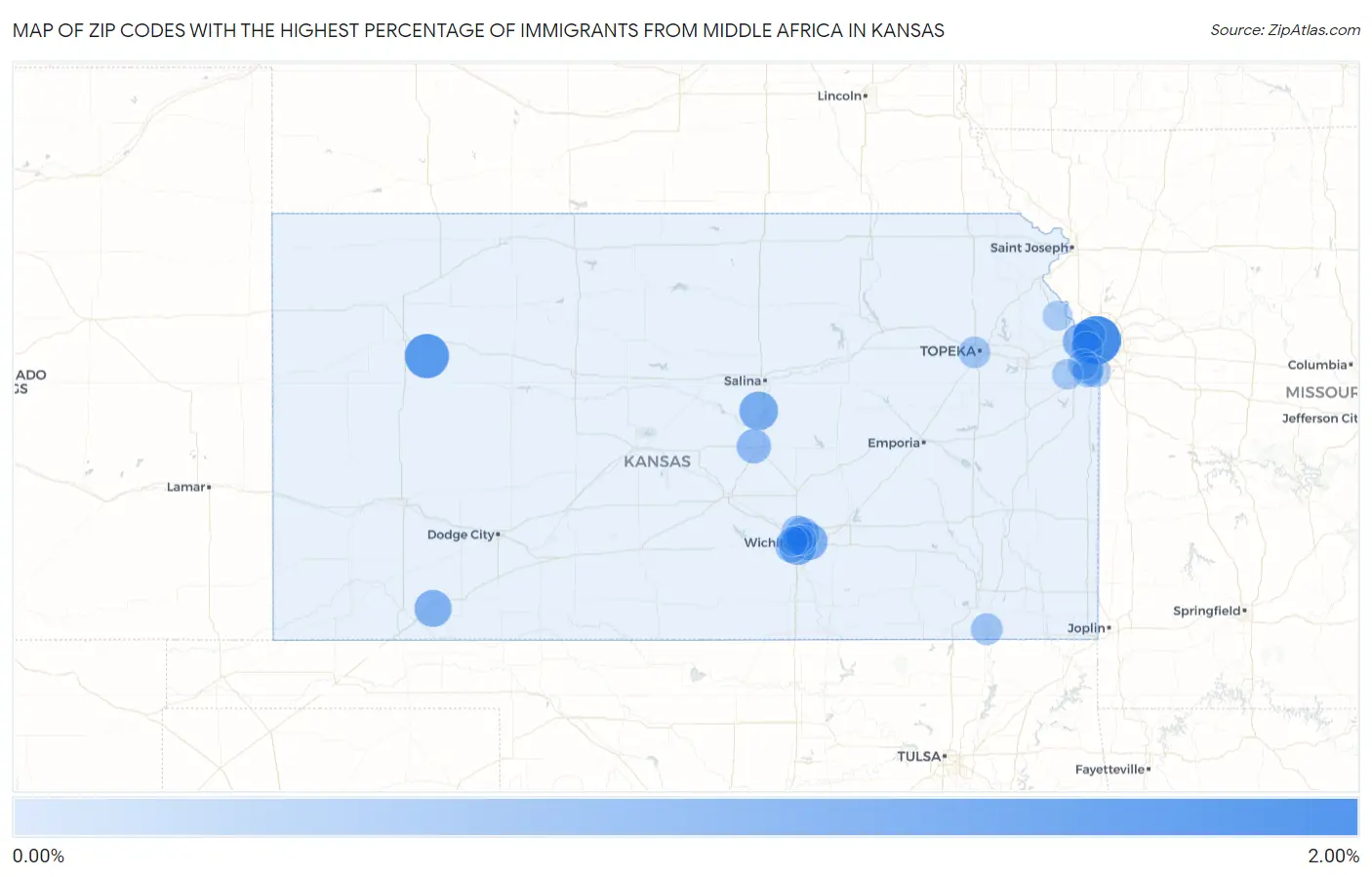 Zip Codes with the Highest Percentage of Immigrants from Middle Africa in Kansas Map