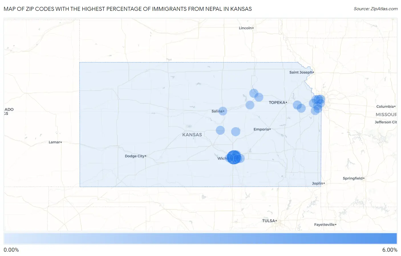 Zip Codes with the Highest Percentage of Immigrants from Nepal in Kansas Map