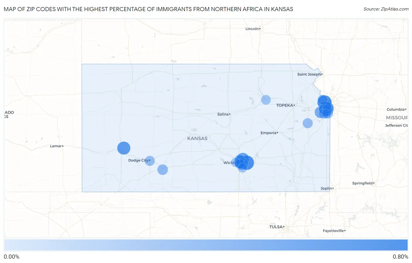 Zip Codes with the Highest Percentage of Immigrants from Northern Africa in Kansas Map