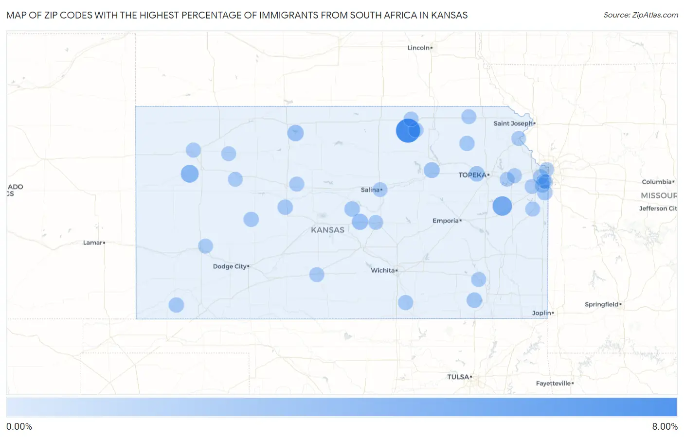 Zip Codes with the Highest Percentage of Immigrants from South Africa in Kansas Map