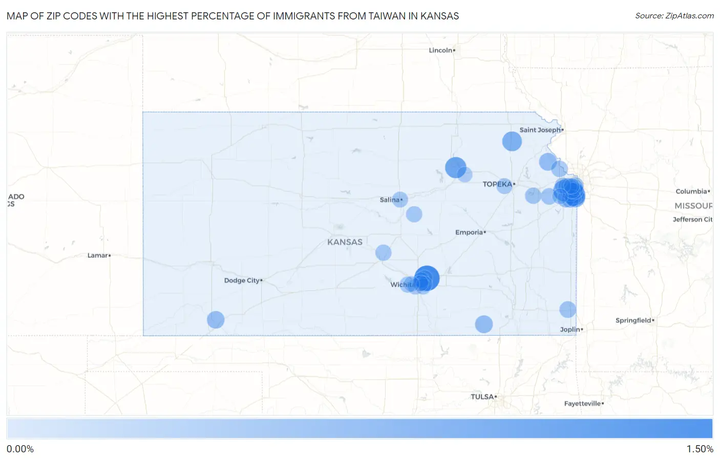 Zip Codes with the Highest Percentage of Immigrants from Taiwan in Kansas Map