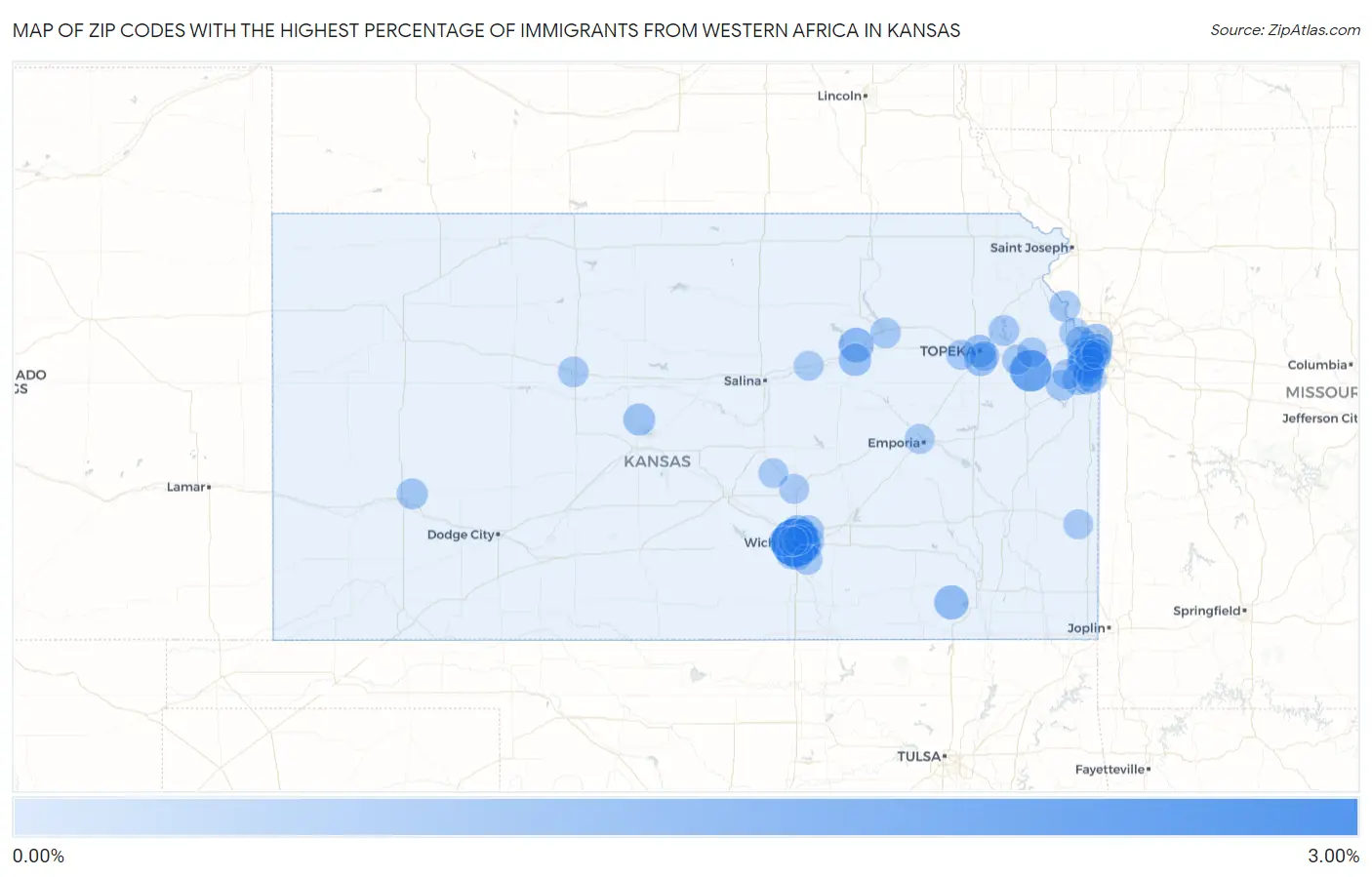 Zip Codes with the Highest Percentage of Immigrants from Western Africa in Kansas Map
