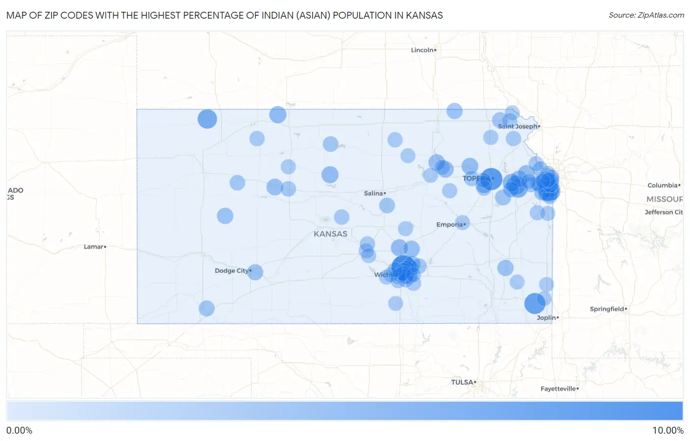 Zip Codes with the Highest Percentage of Indian (Asian) Population in Kansas Map