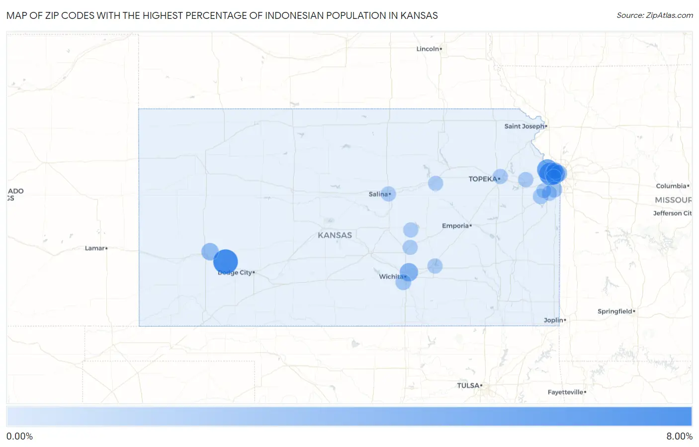 Zip Codes with the Highest Percentage of Indonesian Population in Kansas Map