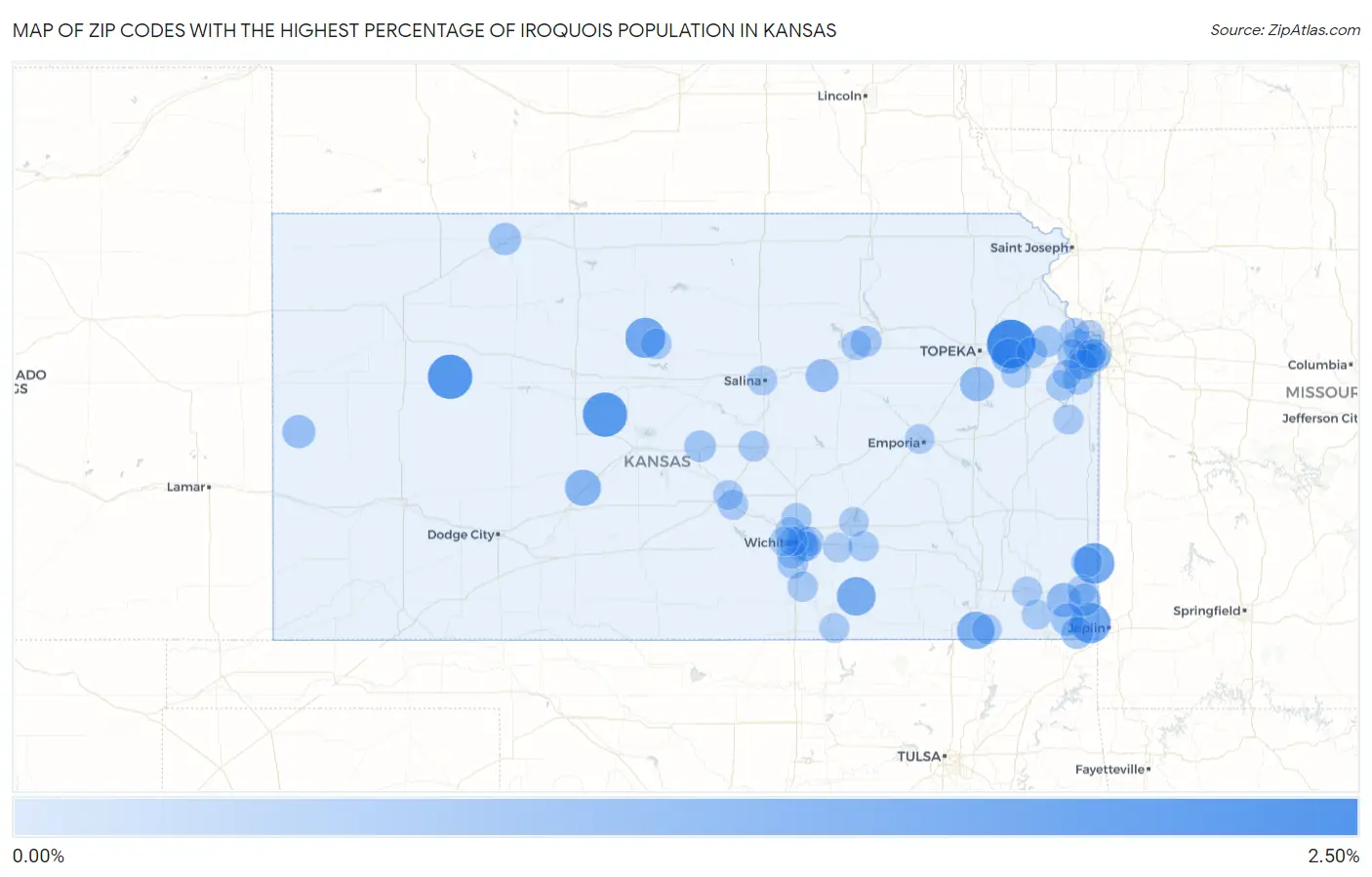 Zip Codes with the Highest Percentage of Iroquois Population in Kansas Map