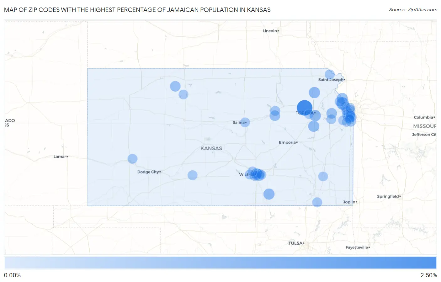 Zip Codes with the Highest Percentage of Jamaican Population in Kansas Map