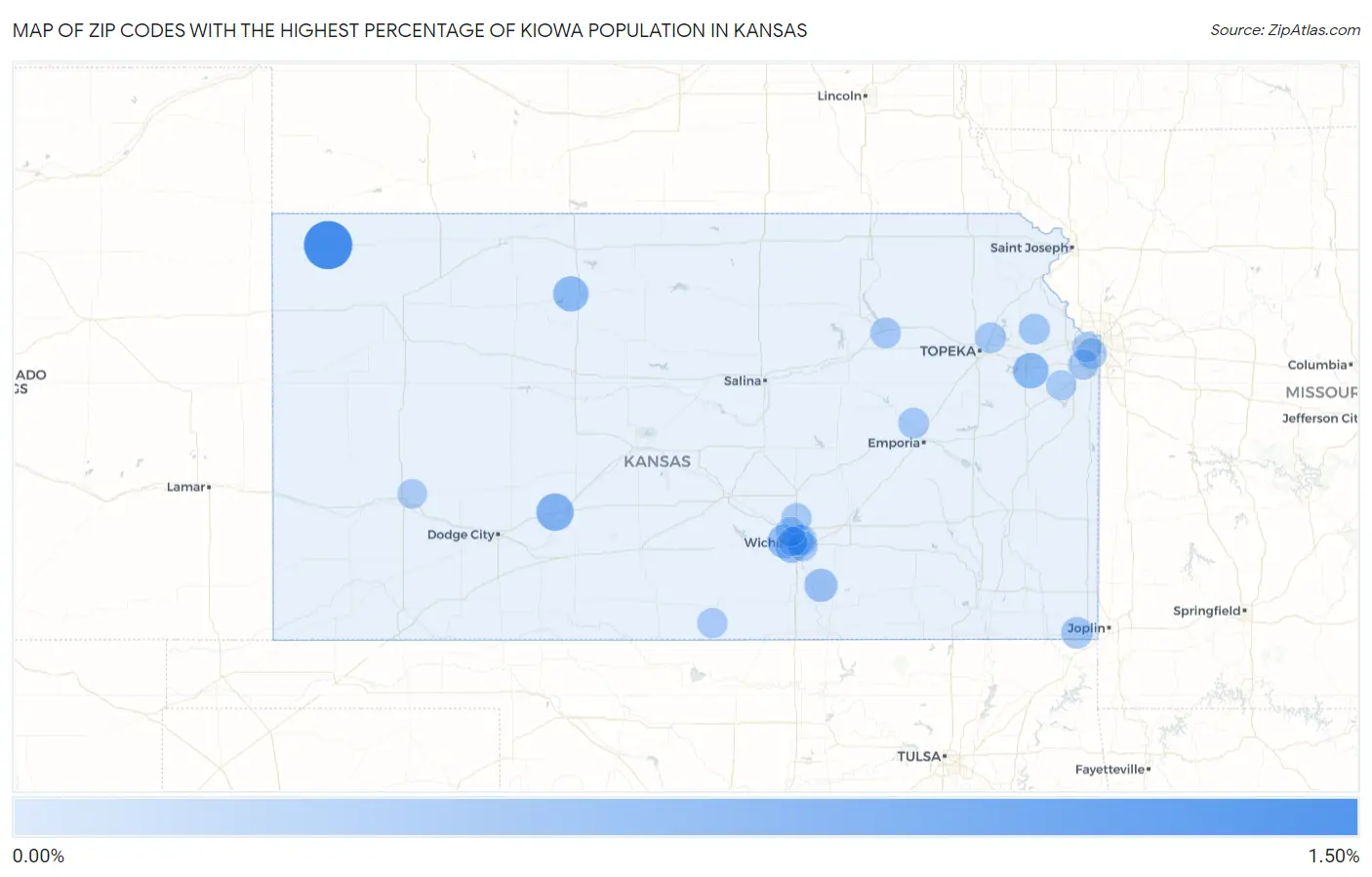 Zip Codes with the Highest Percentage of Kiowa Population in Kansas Map
