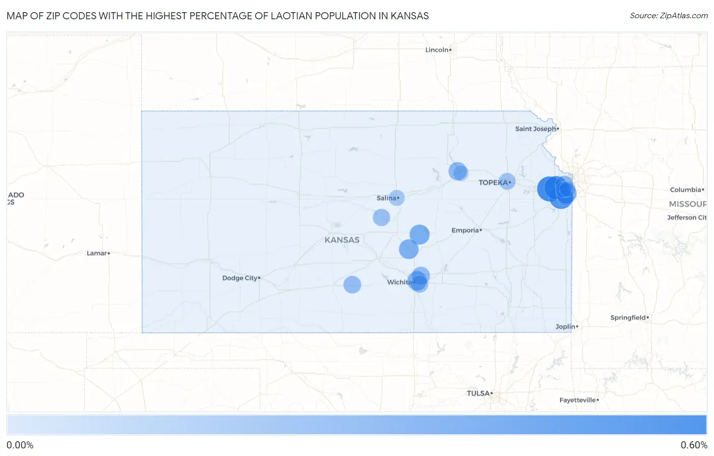 Zip Codes with the Highest Percentage of Laotian Population in Kansas Map