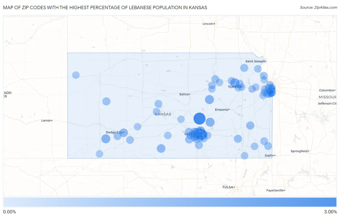 Zip Codes with the Highest Percentage of Lebanese Population in Kansas Map