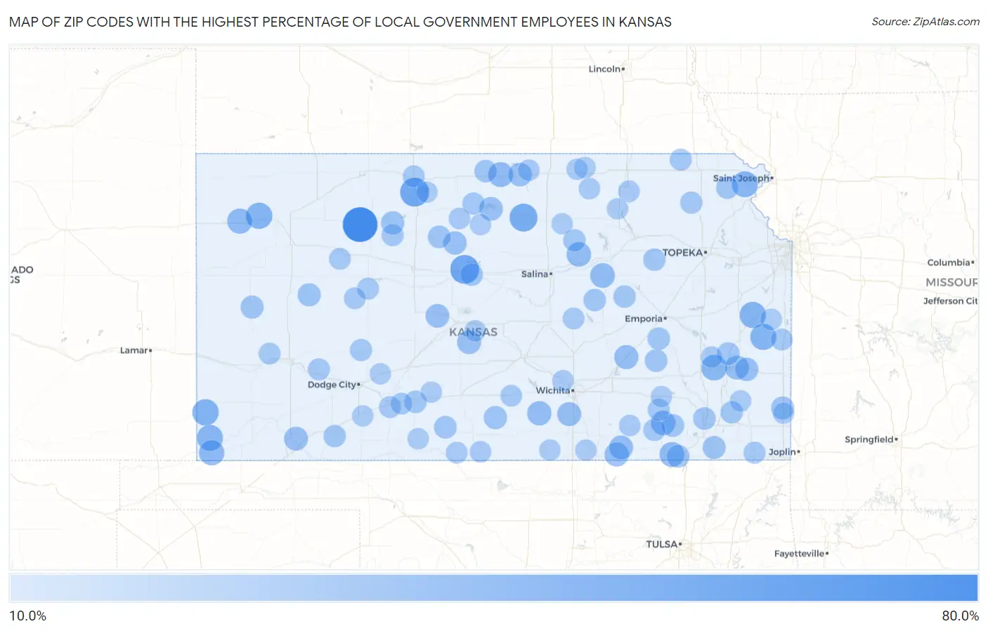 Zip Codes with the Highest Percentage of Local Government Employees in Kansas Map