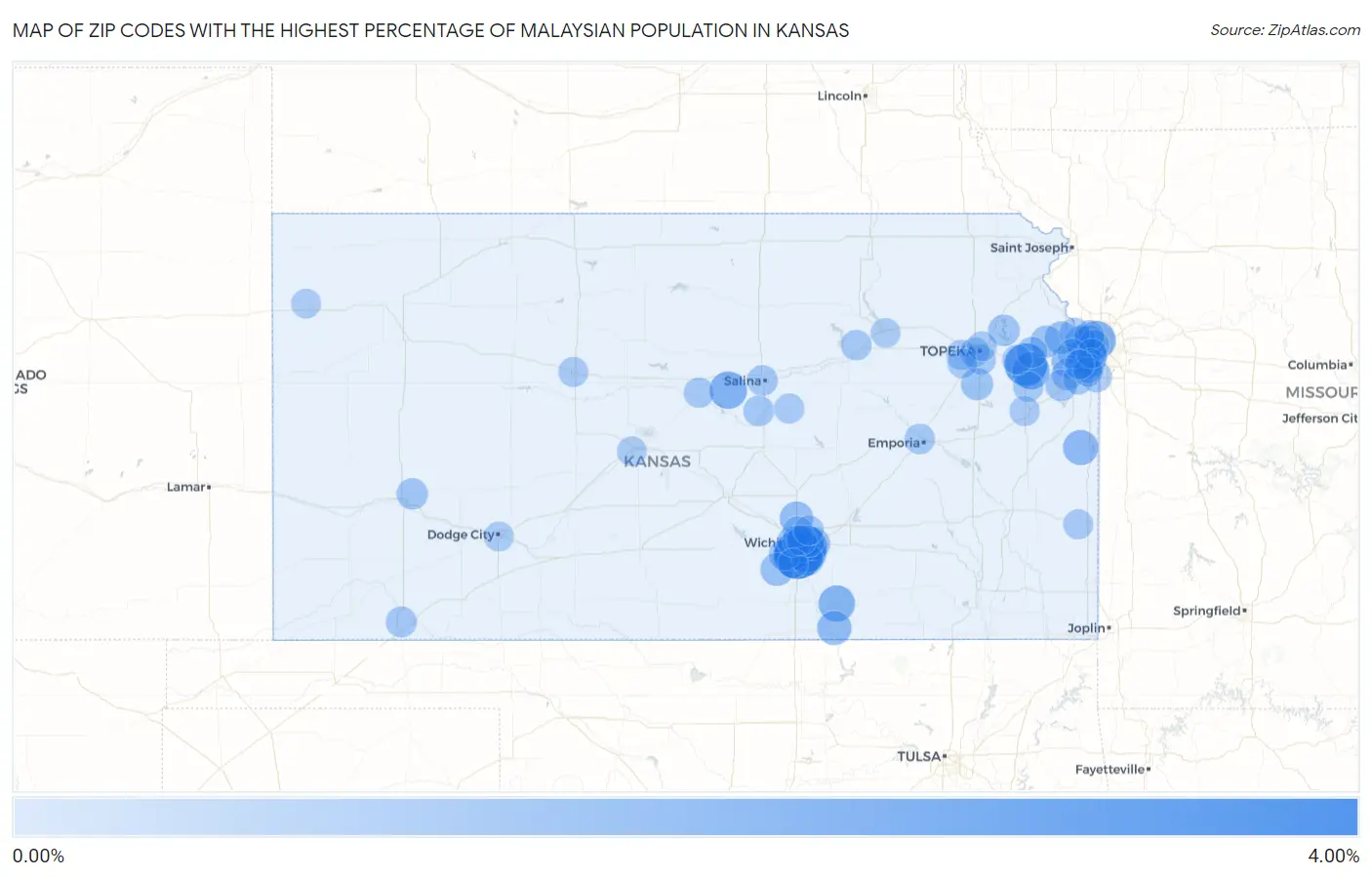 Zip Codes with the Highest Percentage of Malaysian Population in Kansas Map