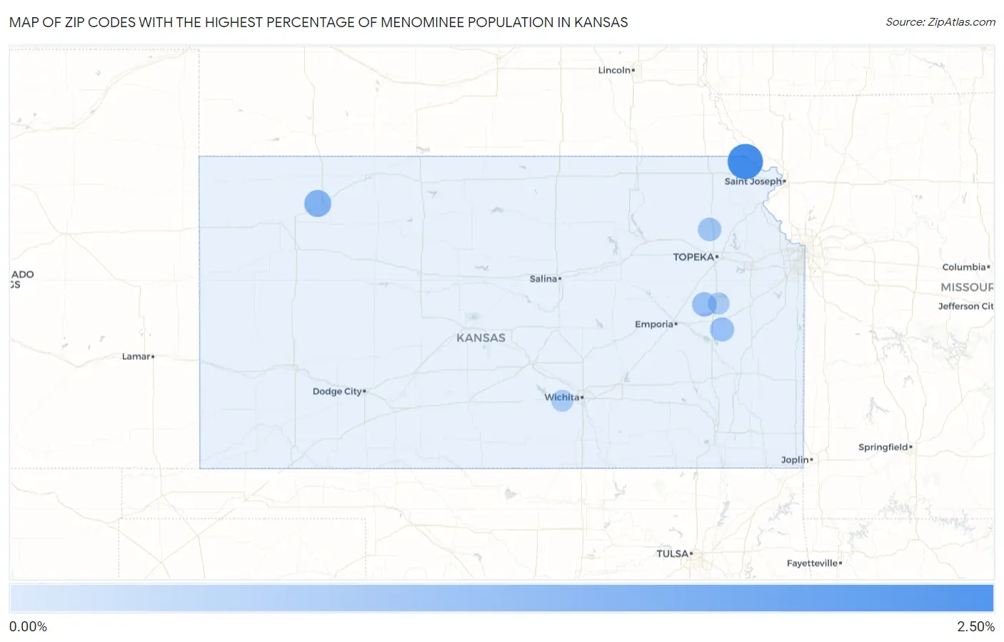 Zip Codes with the Highest Percentage of Menominee Population in Kansas Map