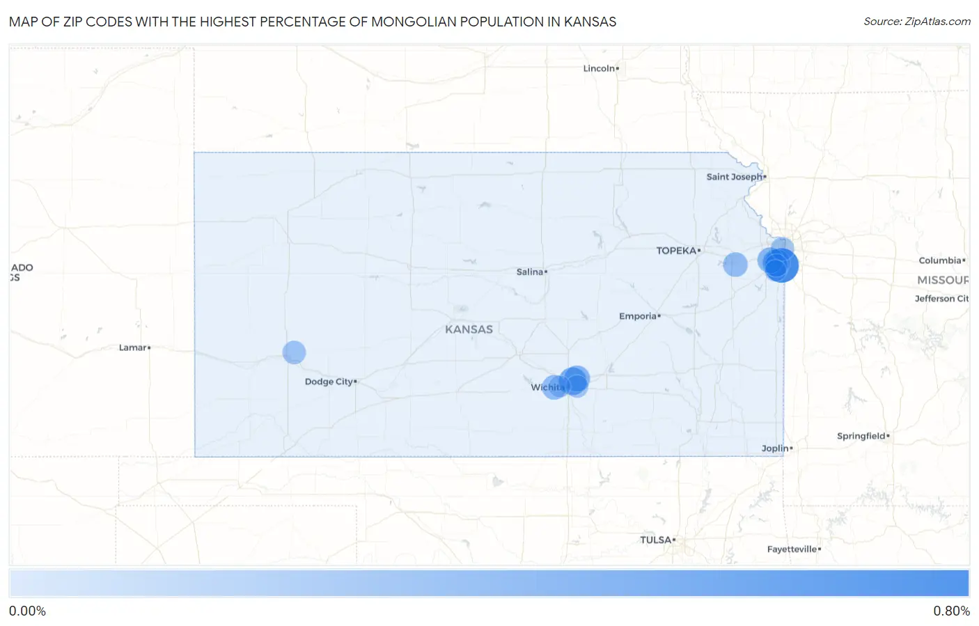 Zip Codes with the Highest Percentage of Mongolian Population in Kansas Map
