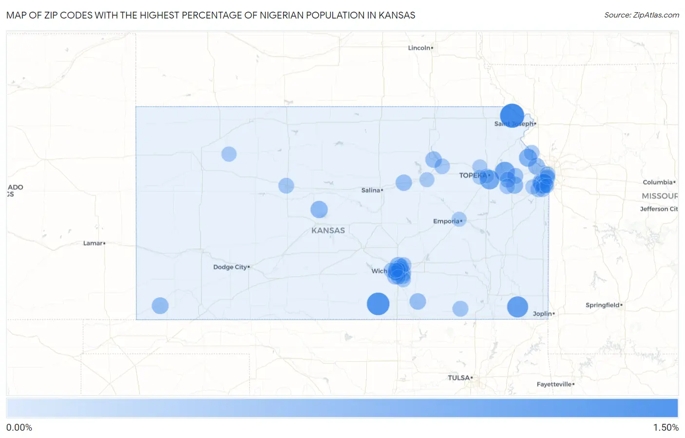 Zip Codes with the Highest Percentage of Nigerian Population in Kansas Map
