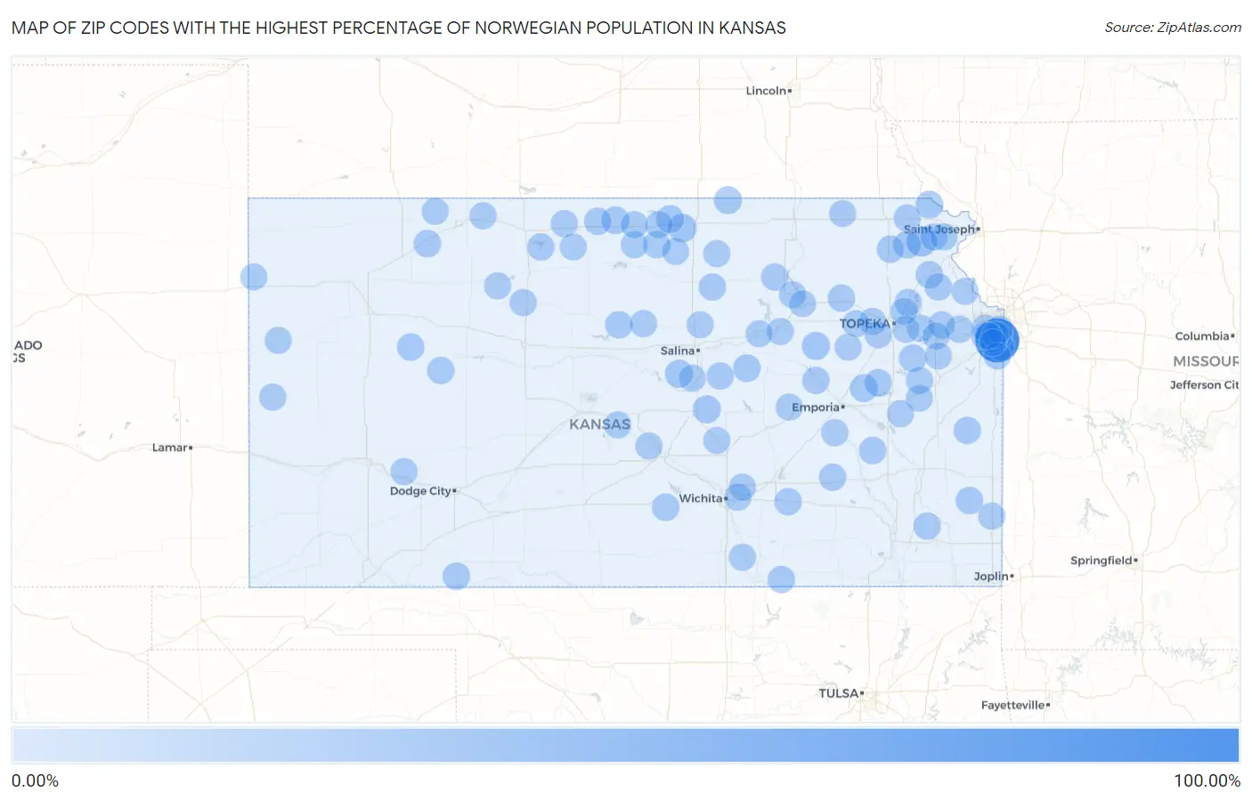 Zip Codes with the Highest Percentage of Norwegian Population in Kansas Map