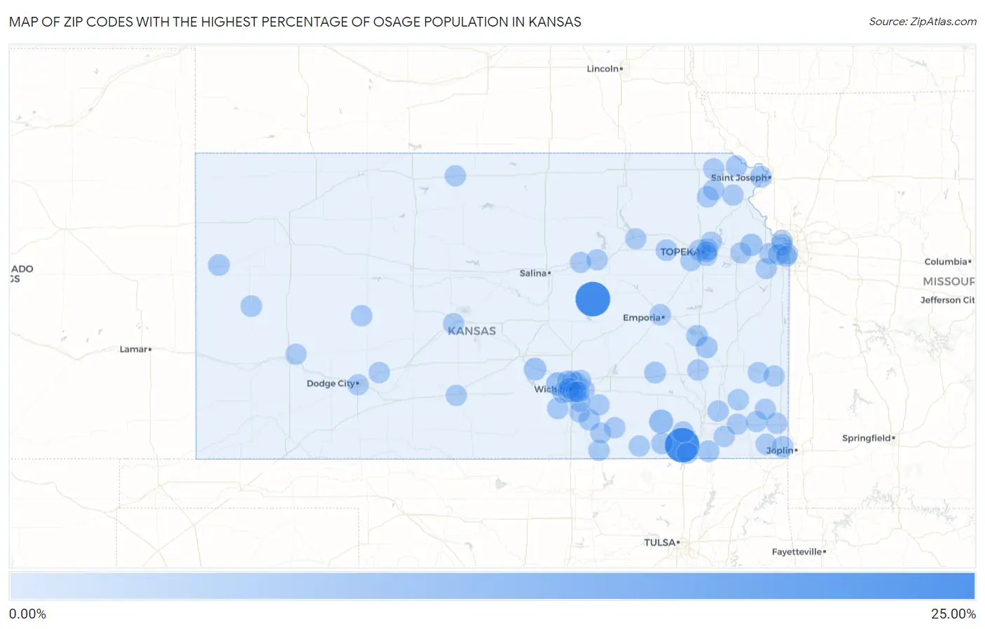 Zip Codes with the Highest Percentage of Osage Population in Kansas Map