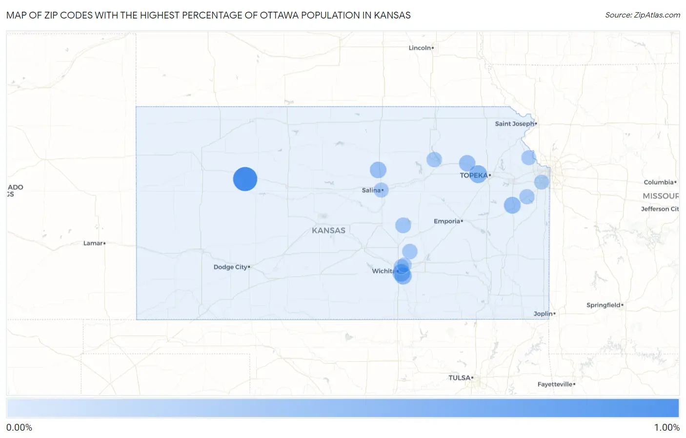 Zip Codes with the Highest Percentage of Ottawa Population in Kansas Map