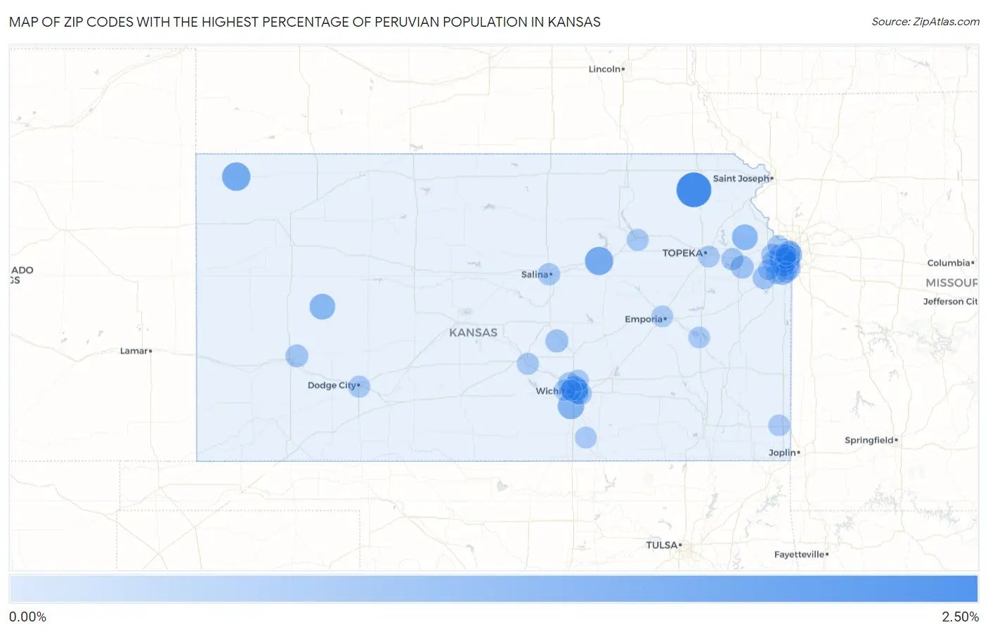 Zip Codes with the Highest Percentage of Peruvian Population in Kansas Map