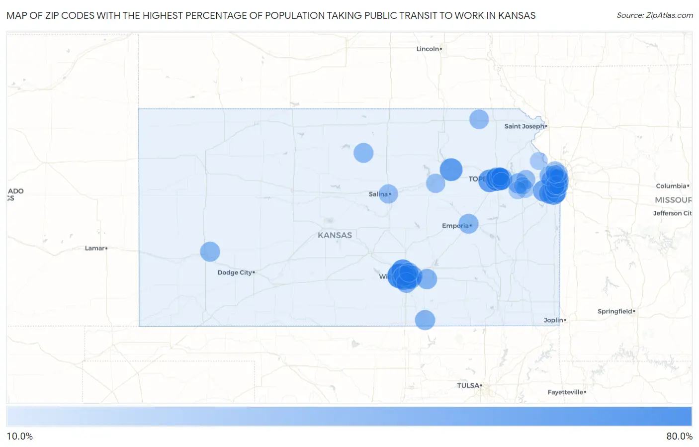 Zip Codes with the Highest Percentage of Population Taking Public Transit to Work in Kansas Map
