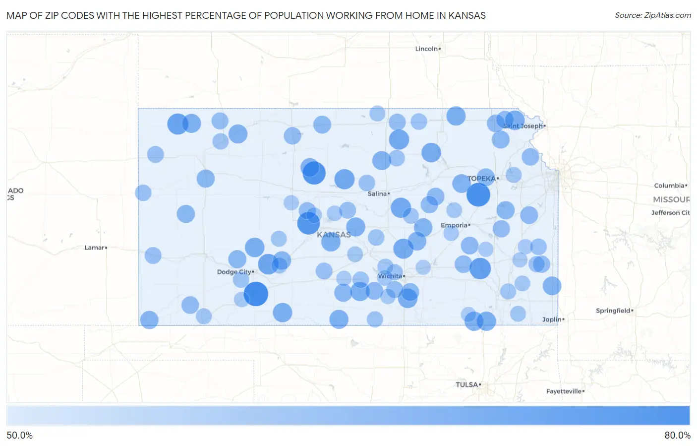 Zip Codes with the Highest Percentage of Population Working from Home in Kansas Map
