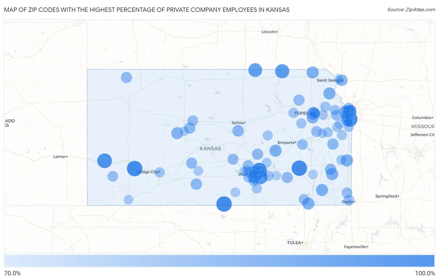 Zip Codes with the Highest Percentage of Private Company Employees in Kansas Map