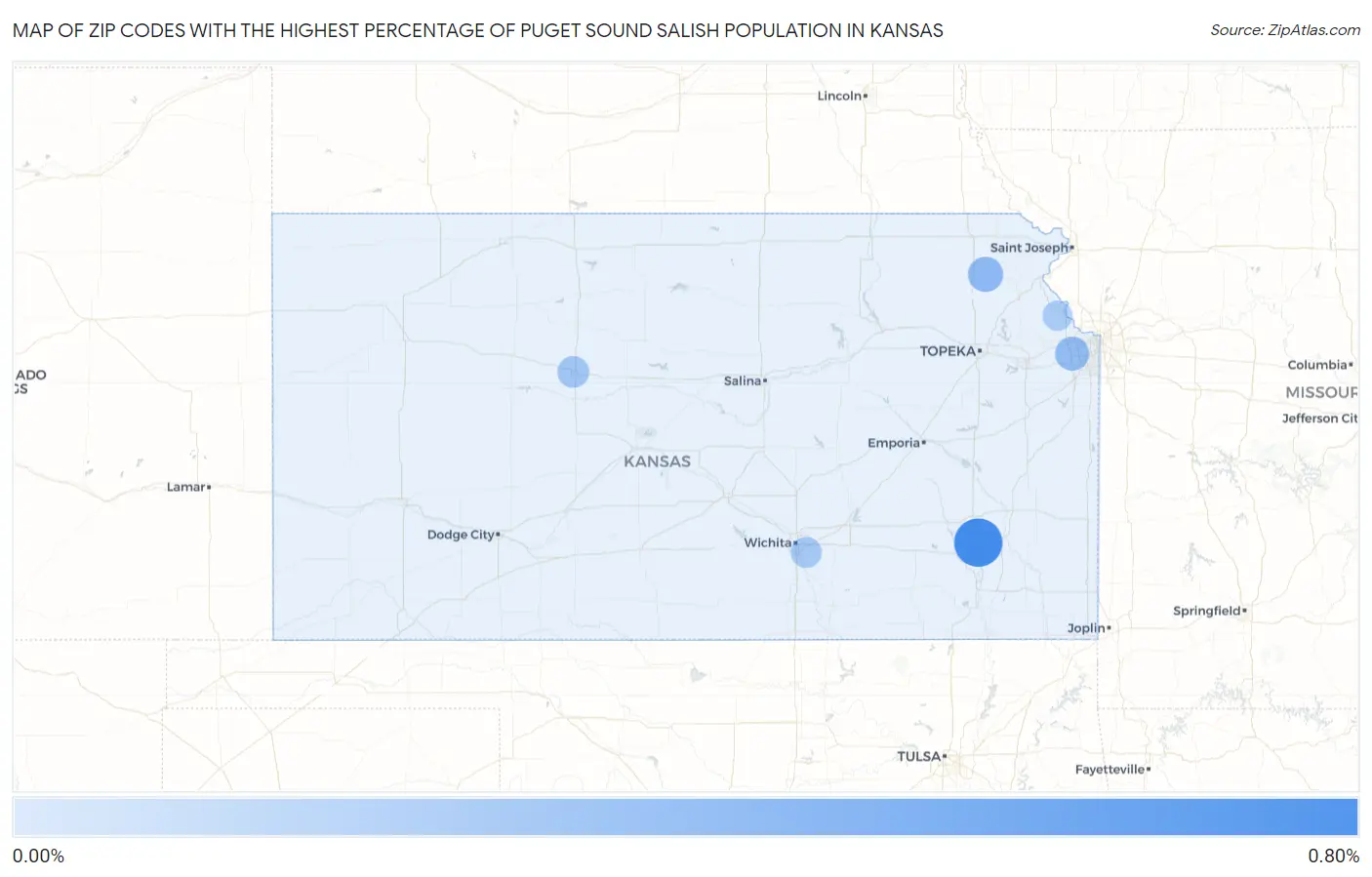 Zip Codes with the Highest Percentage of Puget Sound Salish Population in Kansas Map