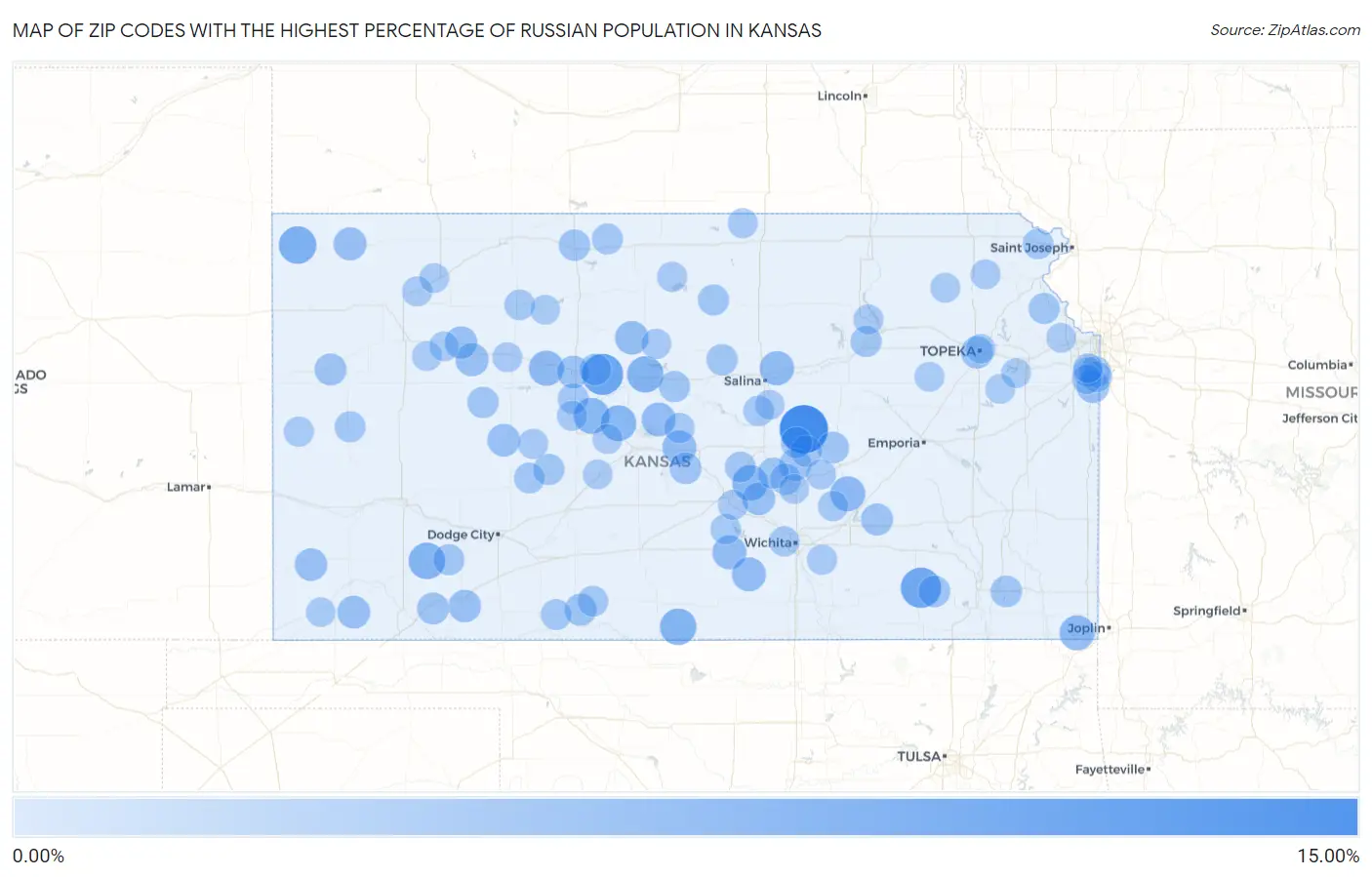 Zip Codes with the Highest Percentage of Russian Population in Kansas Map