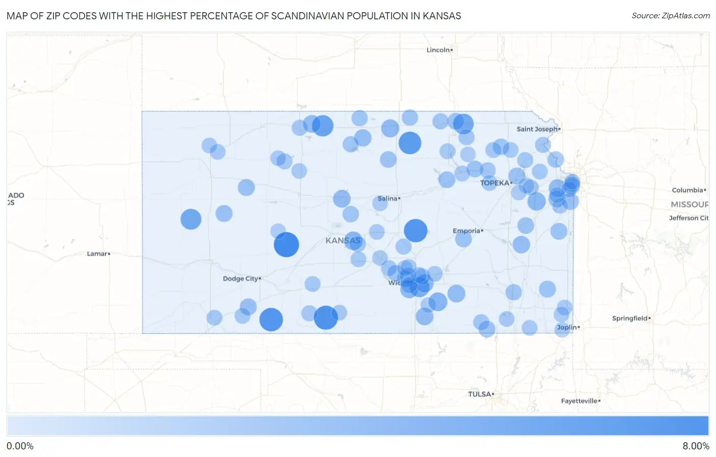 Zip Codes with the Highest Percentage of Scandinavian Population in Kansas Map