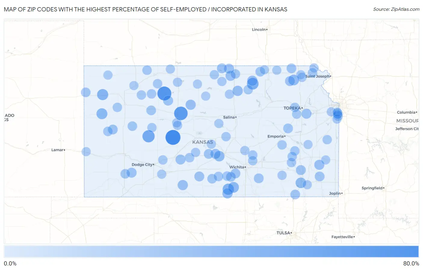 Zip Codes with the Highest Percentage of Self-Employed / Incorporated in Kansas Map