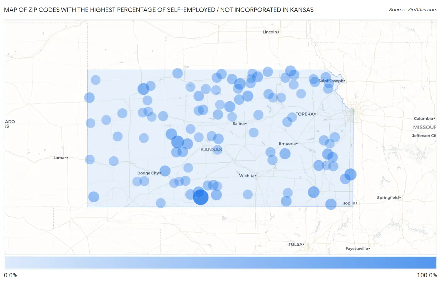 Zip Codes with the Highest Percentage of Self-Employed / Not Incorporated in Kansas Map