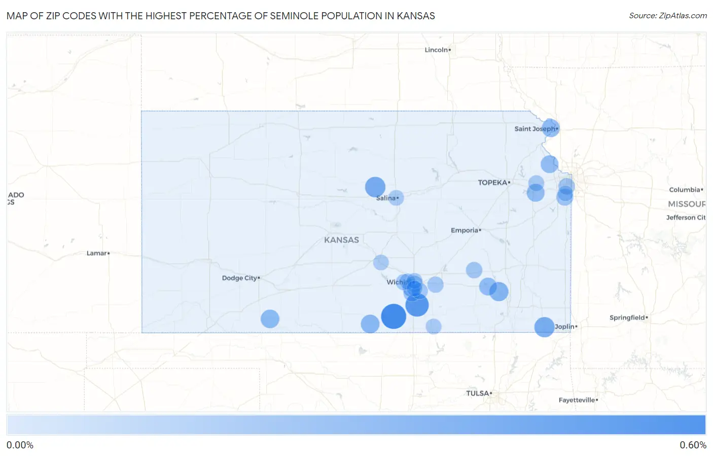 Zip Codes with the Highest Percentage of Seminole Population in Kansas Map