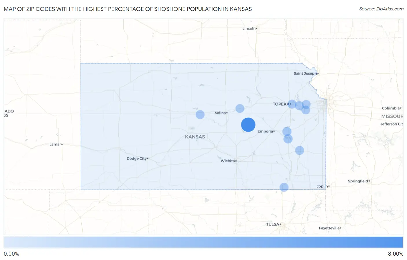 Zip Codes with the Highest Percentage of Shoshone Population in Kansas Map